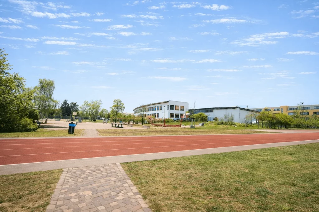 Schulhof und Rückseite der Grundschule am Mohnweg