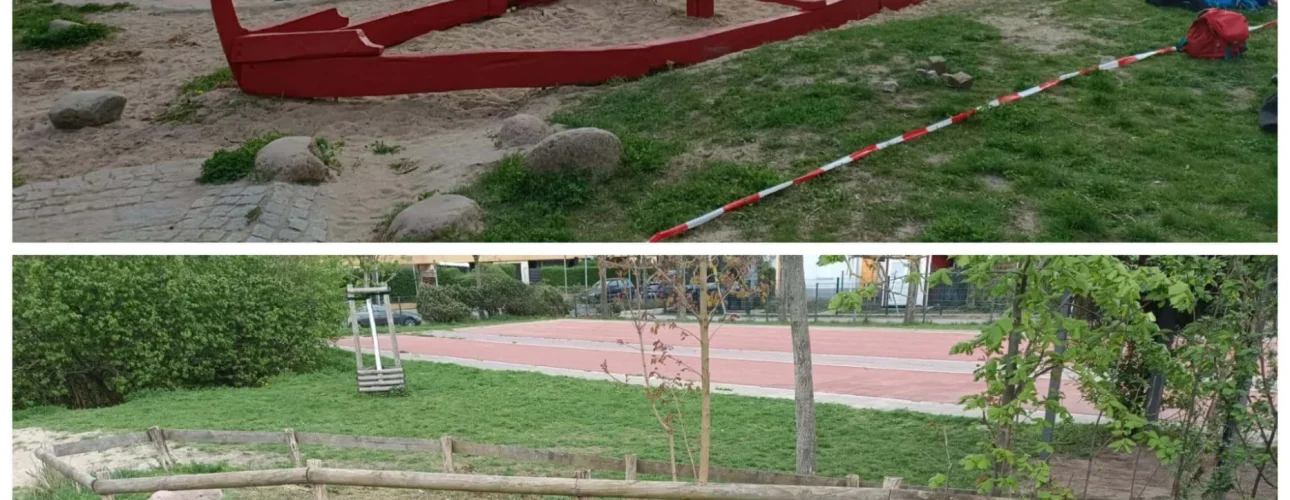 Außengelände der Grundschule am Mohnweg mit Holzschiff, Sandkasten und Grünfläche